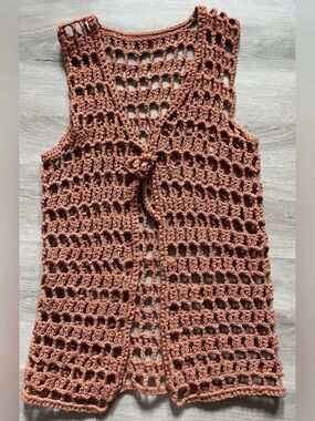 Handmade Crochet Boho Mesh Vest Rust Terracotta Open Knit Festival Layer S/M